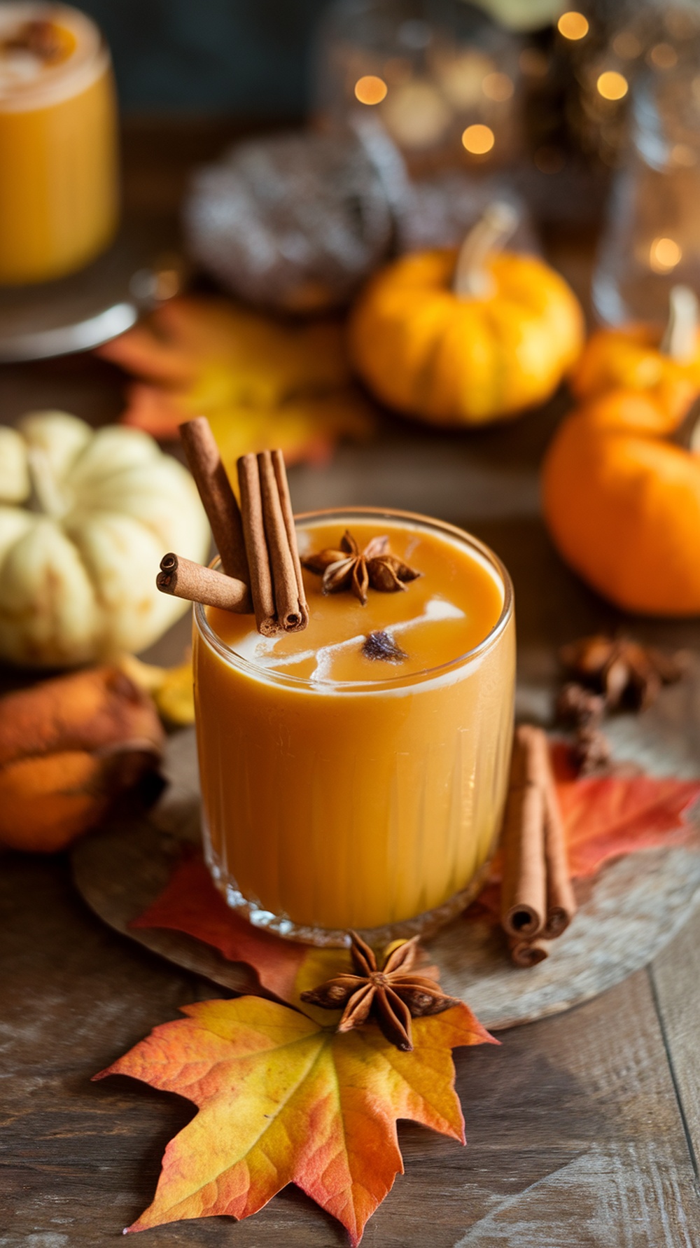A spiced persimmon mocktail garnished with cinnamon sticks and star anise, surrounded by autumn leaves and pumpkins.