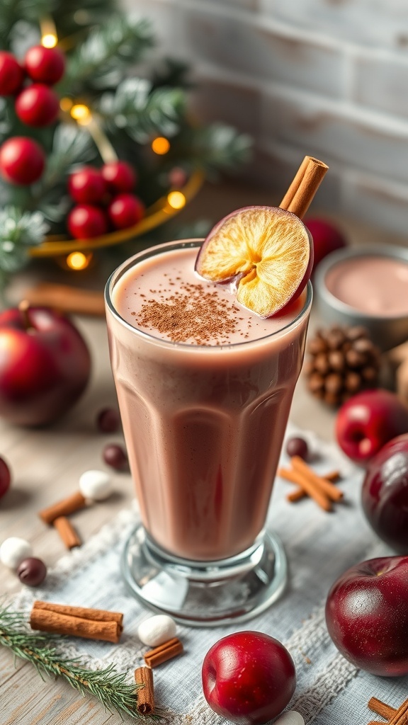 A festive spiced plum smoothie garnished with a slice of dried fruit and cinnamon stick, surrounded by holiday decorations.