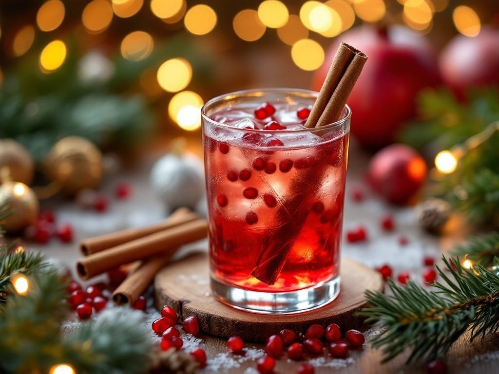 A spiced pomegranate mocktail garnished with cinnamon sticks and pomegranate seeds, set against a festive background.