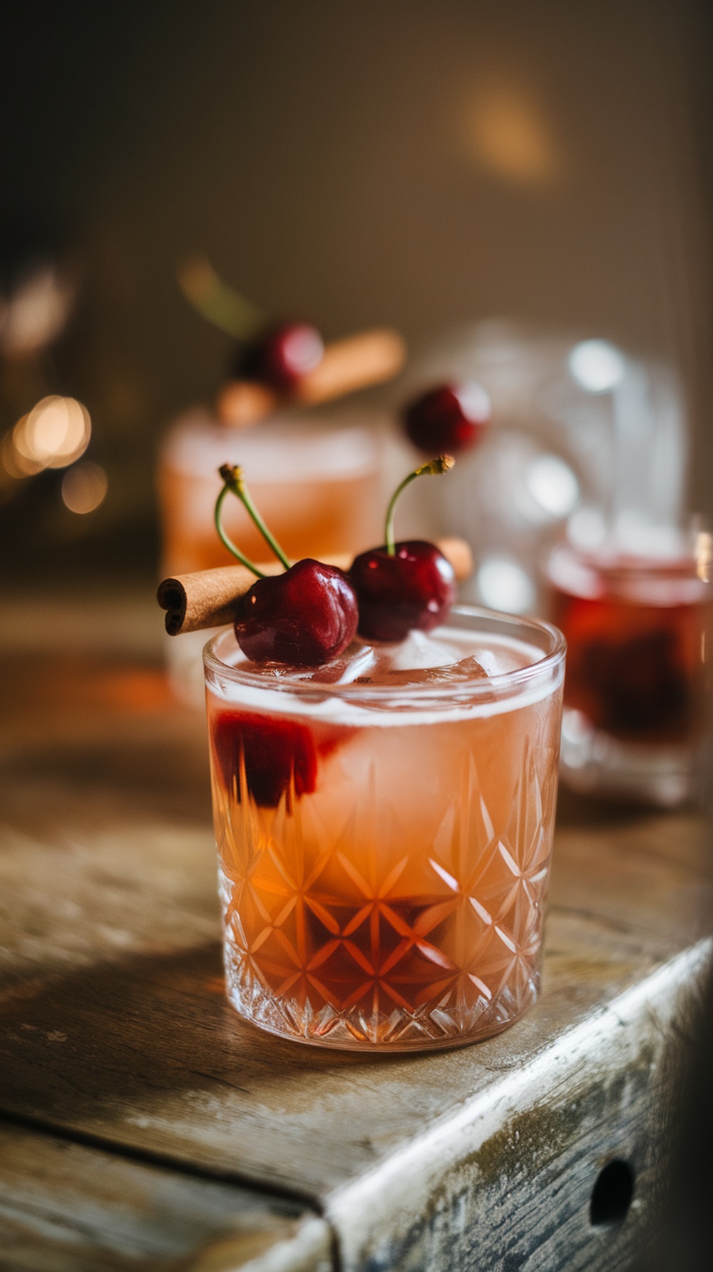 A refreshing spiced tart cherry cinnamon mocktail in a glass with cherries and cinnamon stick on top.