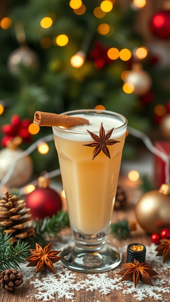 A spiced vanilla mocktail garnished with cinnamon and star anise, set against a festive background.