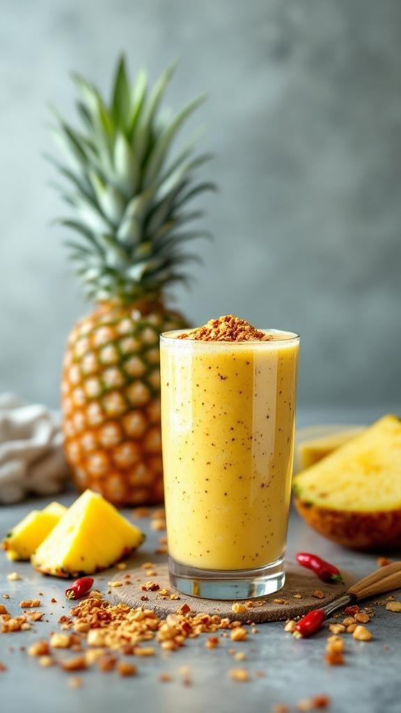 A glass of spicy pineapple smoothie with fresh pineapple and chili peppers.
