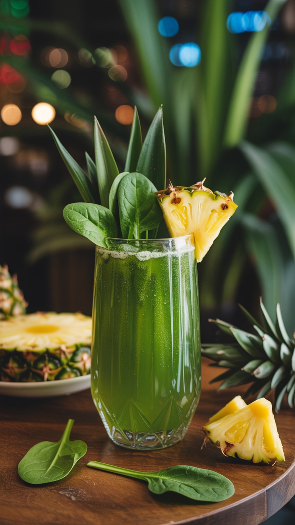A refreshing green mocktail made with spinach and pineapple, garnished with a slice of pineapple.