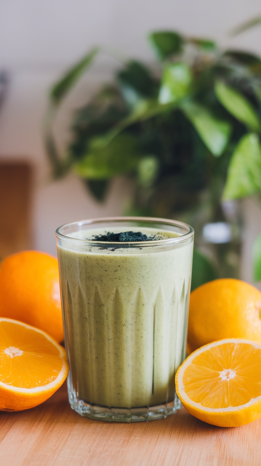 A green smoothie with spirulina and oranges