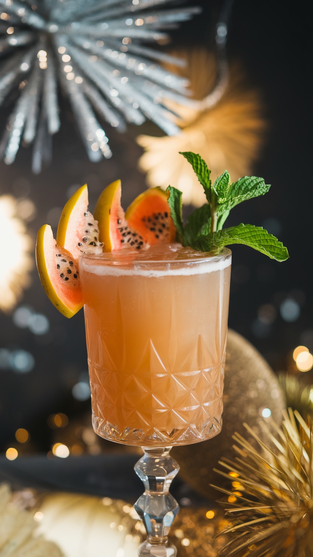 A refreshing Starfruit Honey Spark Mocktail garnished with starfruit slices and mint leaves, set against a festive background.