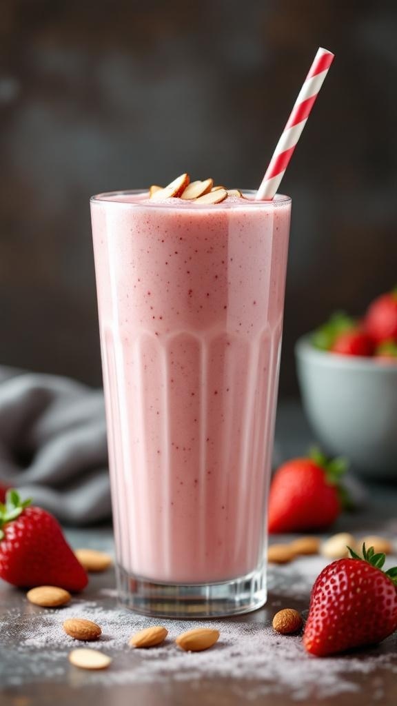 A delicious strawberry almond milk smoothie topped with almonds and a straw