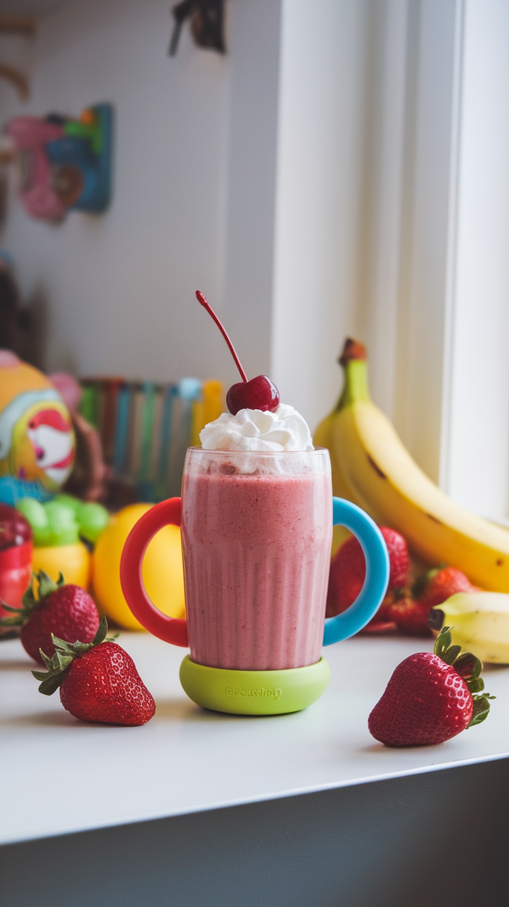 A colorful smoothie with a cherry on top, surrounded by strawberries and bananas.