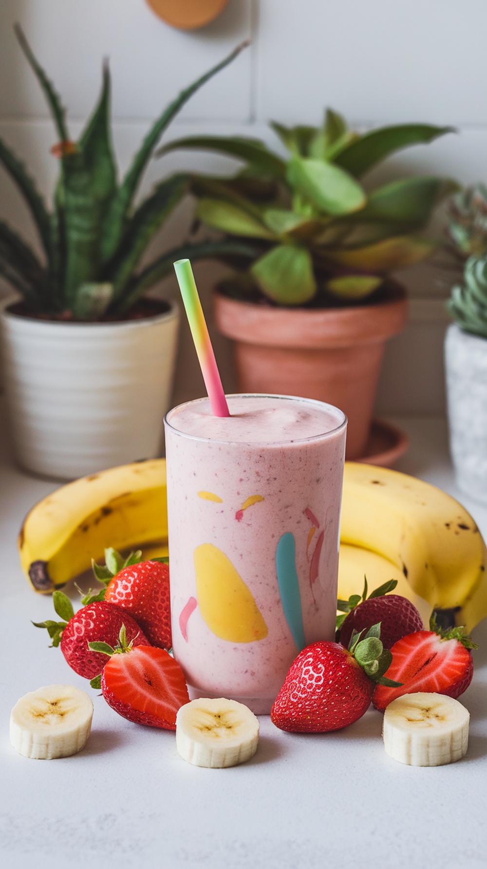 A strawberry banana yogurt smoothie with fresh strawberries and bananas around it.