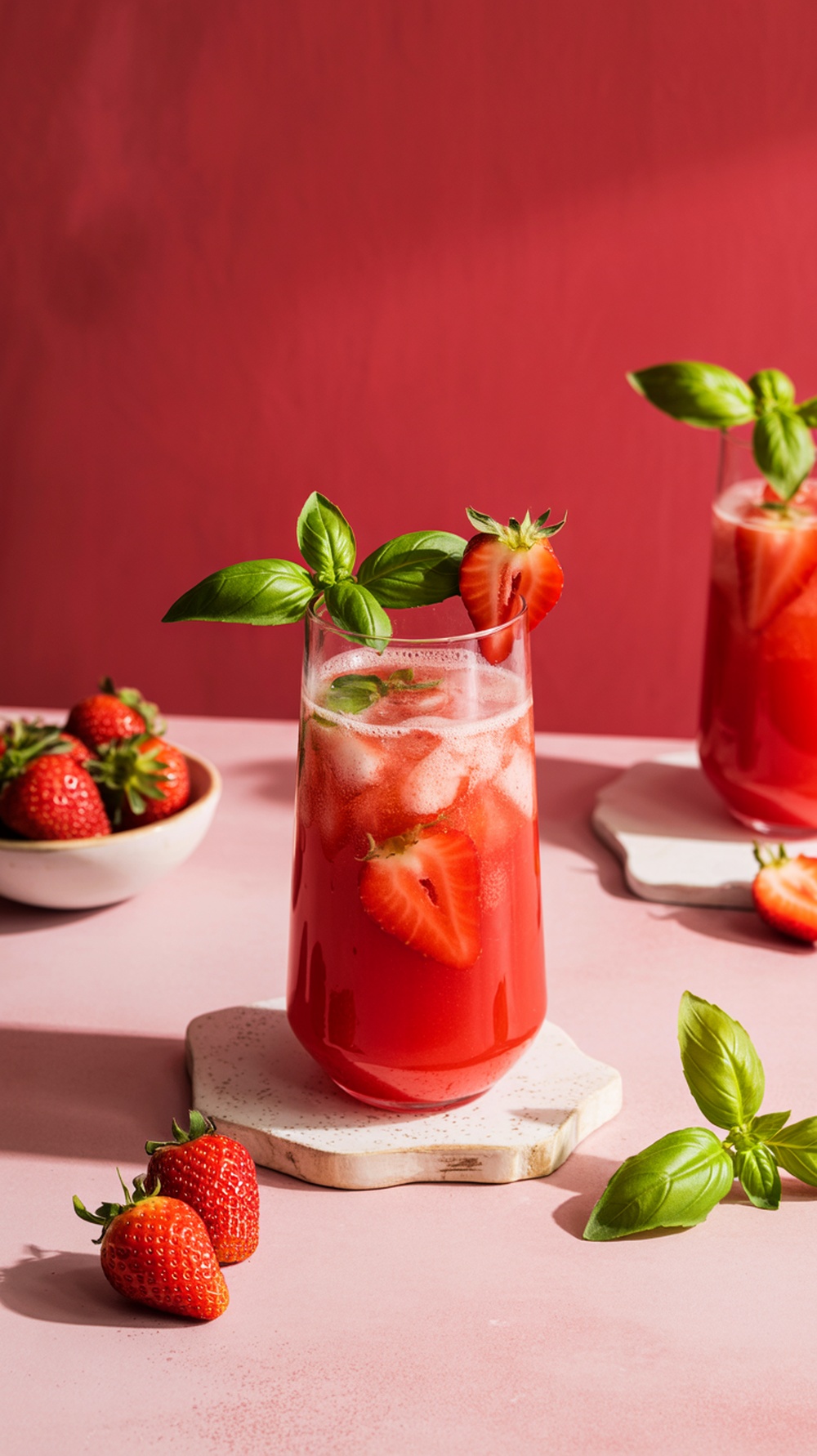 A refreshing Strawberry Basil Bliss Mocktail garnished with strawberries and basil leaves.