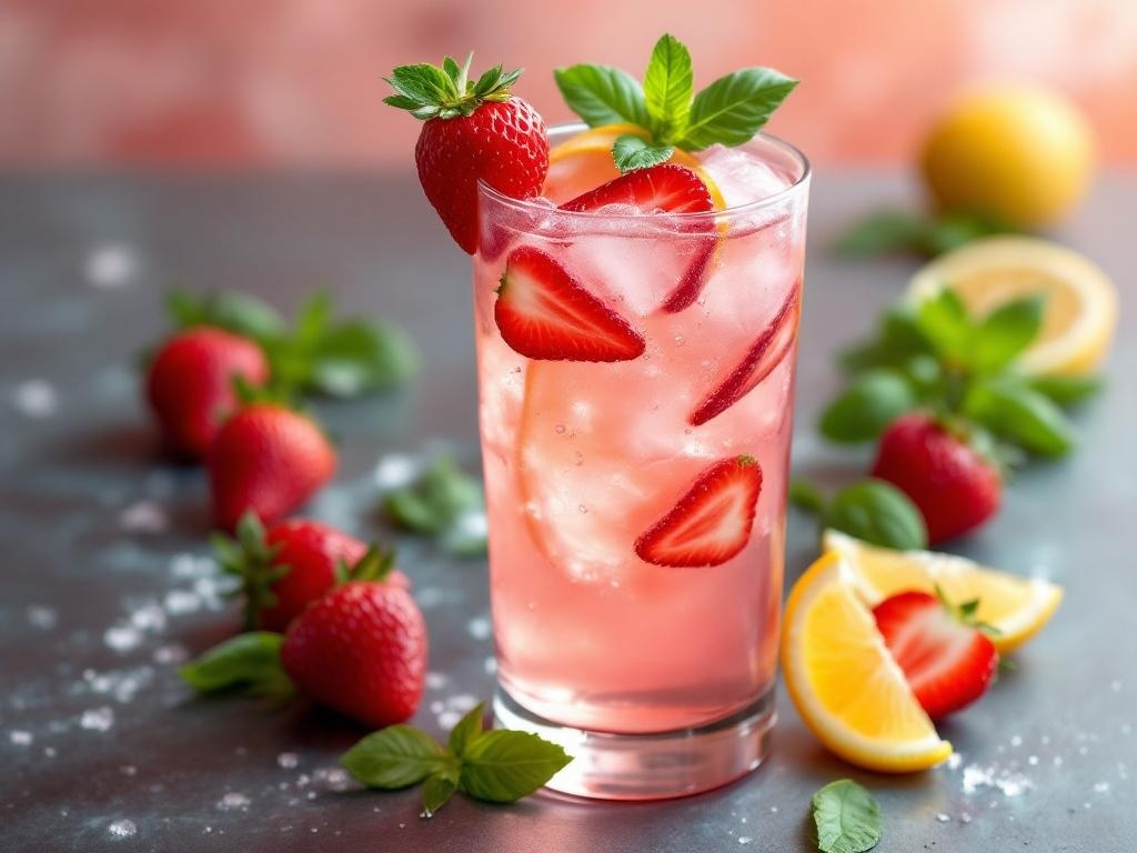 A glass of Strawberry Basil Lemonade Mocktail garnished with strawberries and basil leaves.