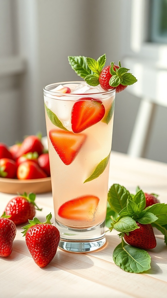 A refreshing Strawberry Basil Mama Mocktail with strawberries and basil leaves