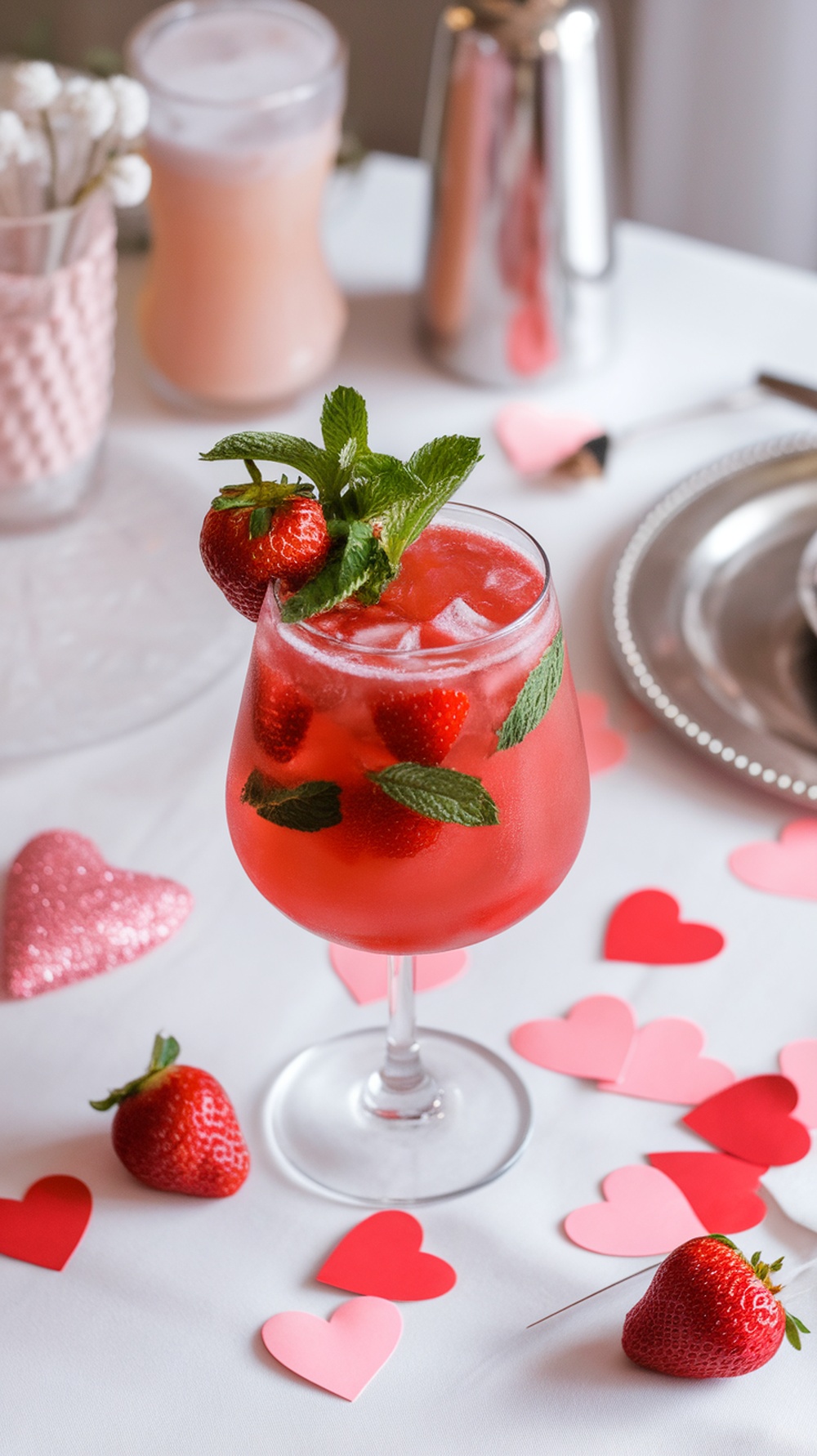 A refreshing strawberry mocktail garnished with mint leaves, surrounded by heart-shaped decorations.