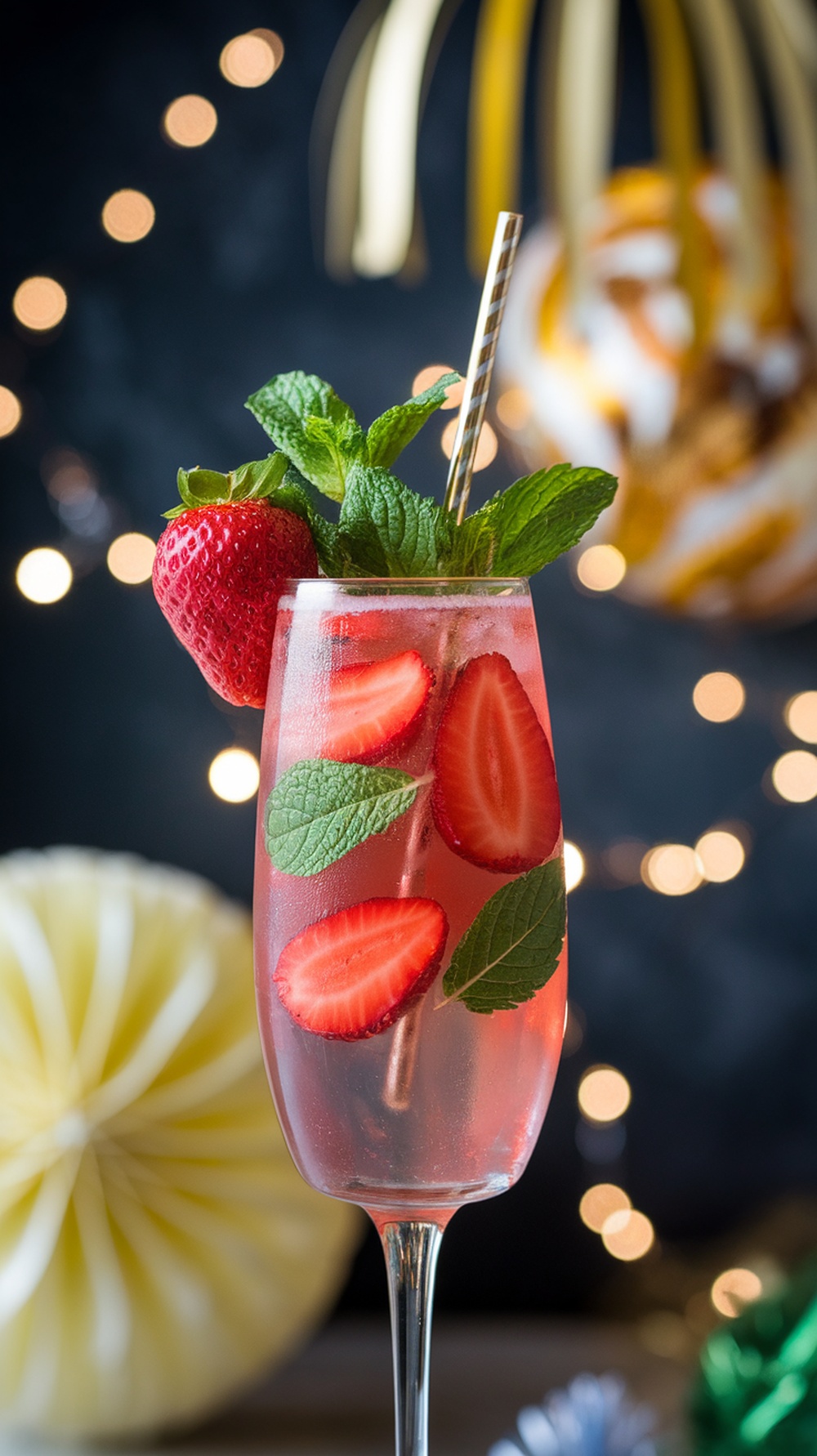 A refreshing Strawberry Champagne Sparkle Mocktail garnished with mint and strawberries.
