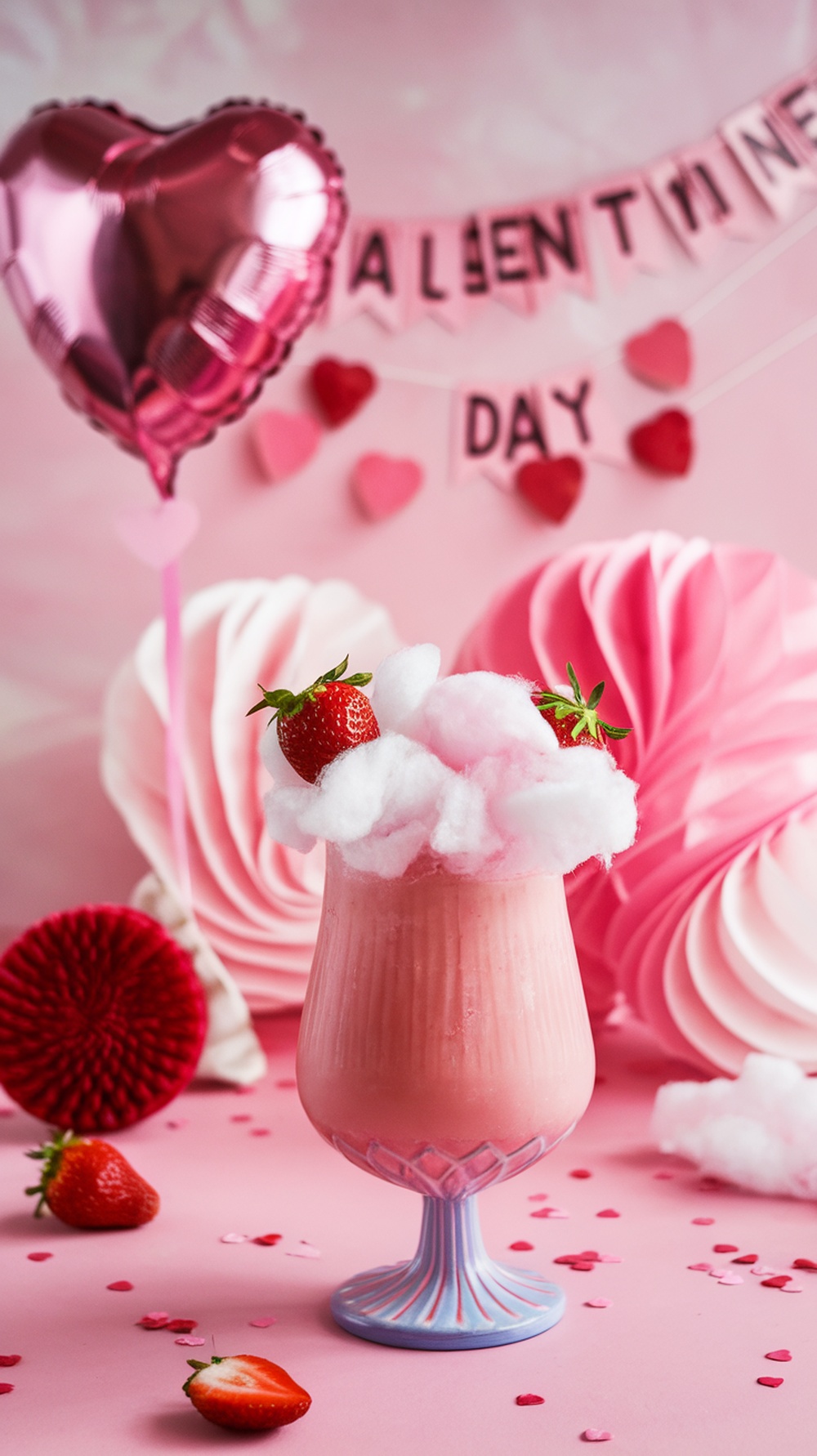 A pink mocktail topped with cotton candy and strawberries, surrounded by festive decorations for Galentine's Day.