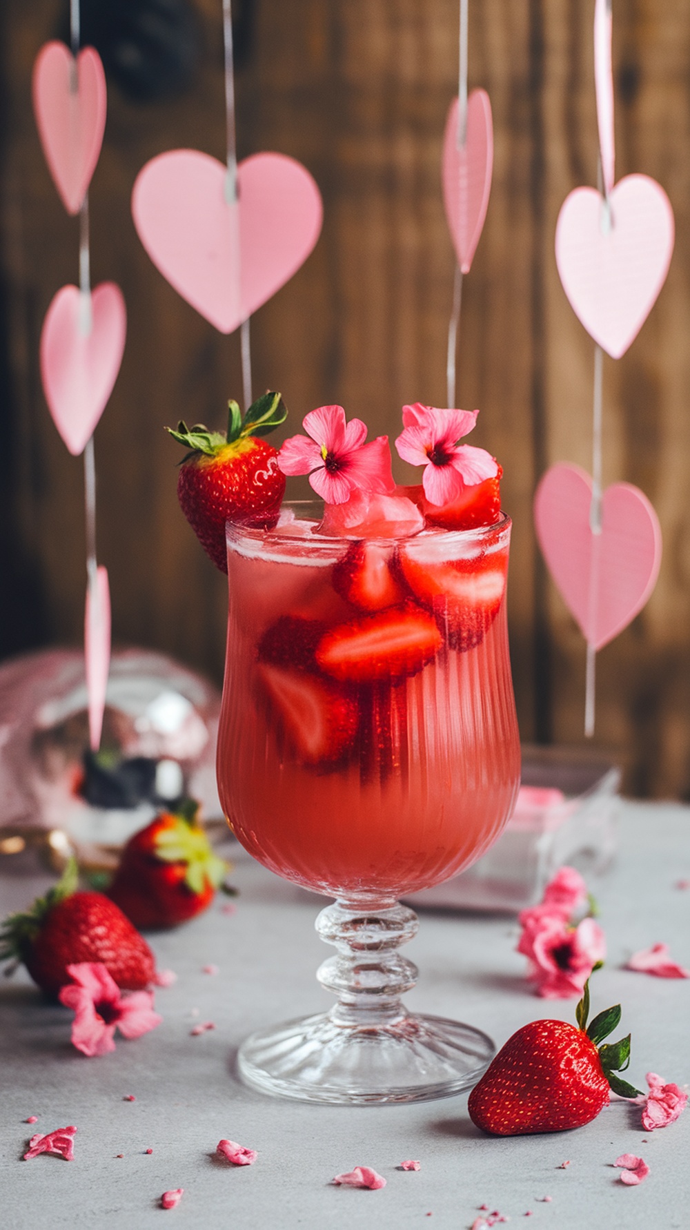 A refreshing Strawberry Hibiscus Honey Mocktail garnished with strawberries and flowers.