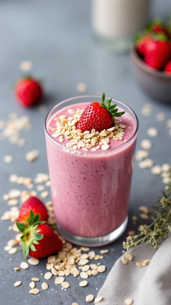 A glass of strawberry oat smoothie topped with a strawberry and oats, surrounded by fresh strawberries and oats.
