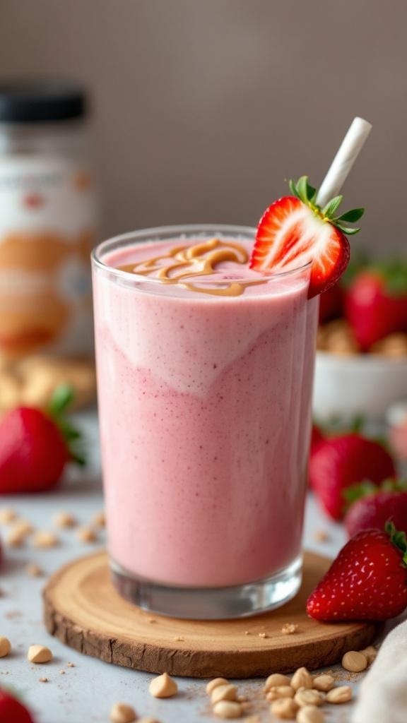 A delicious strawberry peanut butter smoothie in a glass with a slice of strawberry on top.