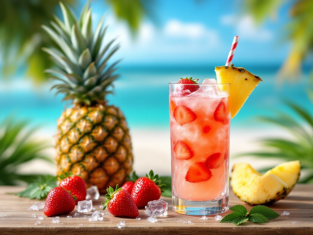 A vibrant Strawberry Pineapple Fizz Mocktail with fresh strawberries and pineapple.