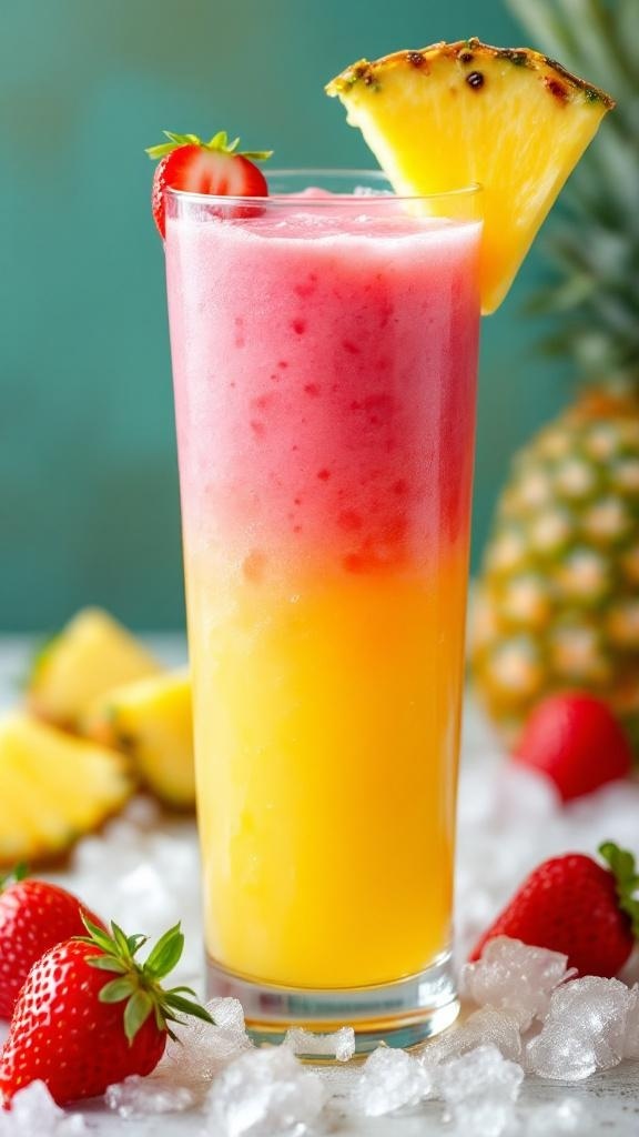 A vibrant Strawberry Pineapple Splash Mocktail garnished with a pineapple slice and strawberry.