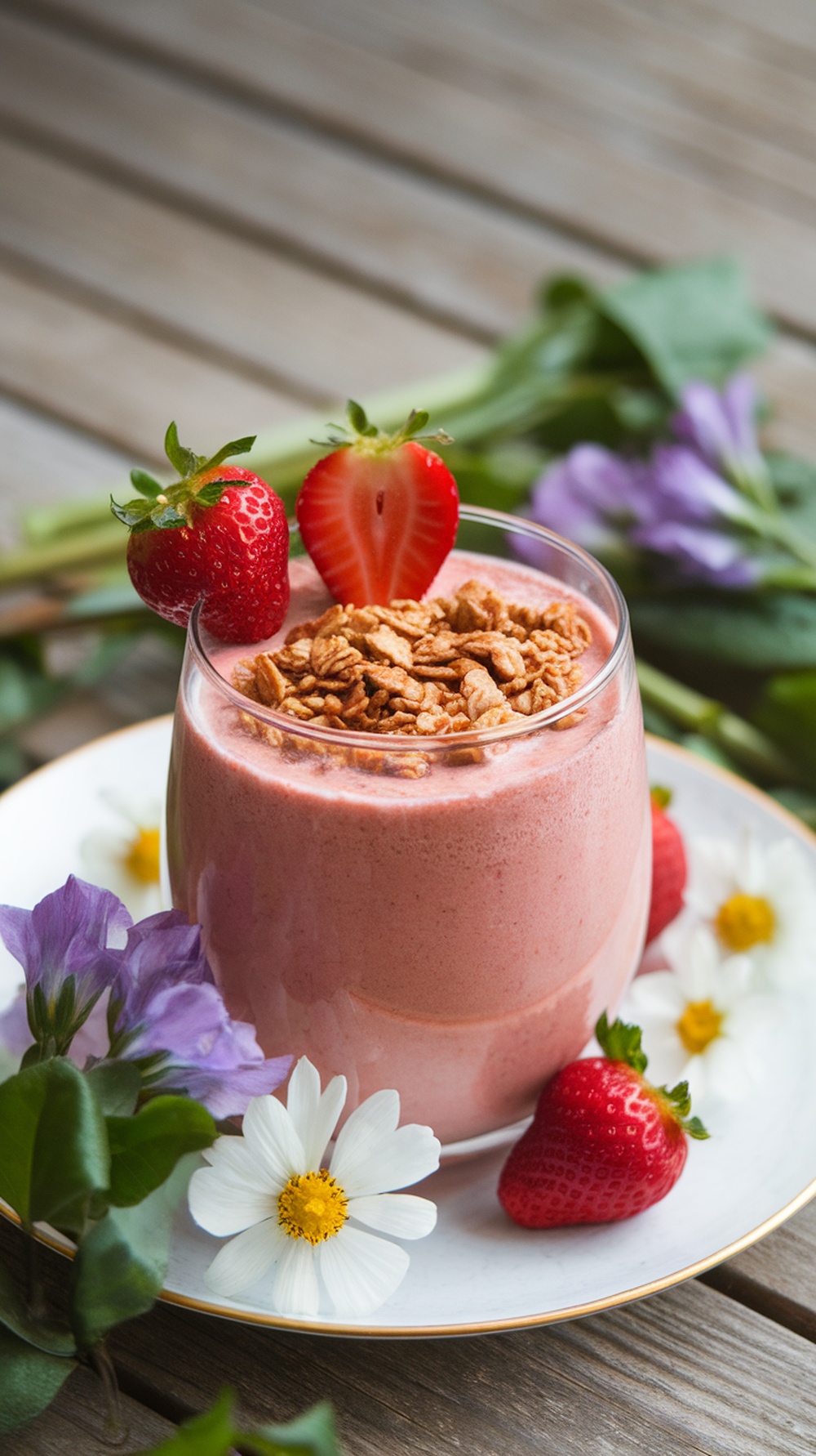 A Strawberry Rhubarb Crisp Smoothie garnished with strawberries and granola.