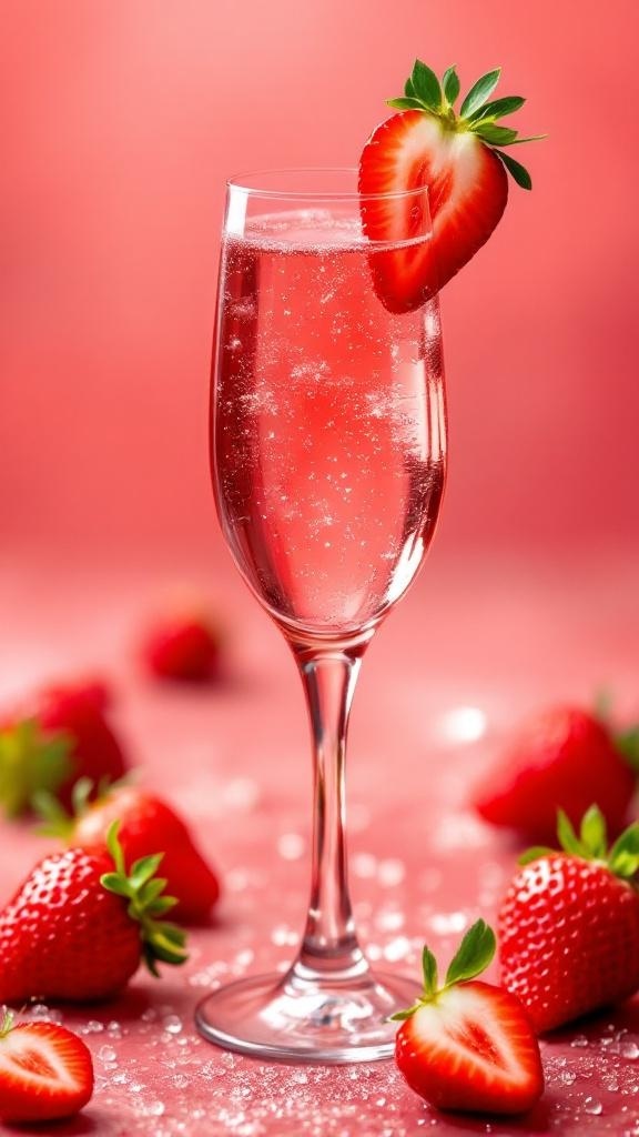 A glass of Strawberry Sparkler Mocktail with fresh strawberries around it.