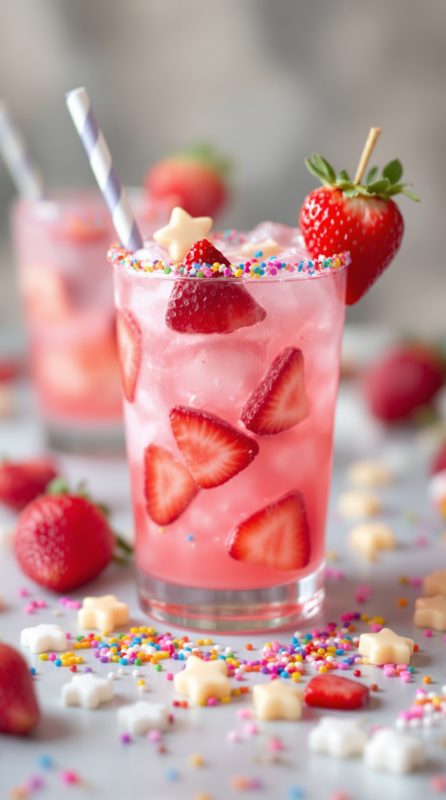 A vibrant pink mocktail with strawberries and colorful sprinkles