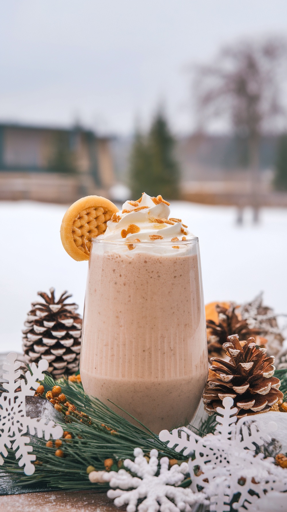 A glass of Sugar Cookie Almond Smoothie topped with whipped cream and a cookie, surrounded by pinecones and snowflakes.