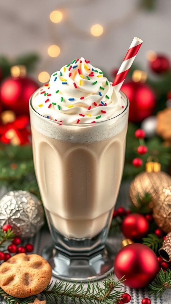 A festive Sugar Cookie Cream Smoothie topped with whipped cream and colorful sprinkles, surrounded by Christmas decorations.