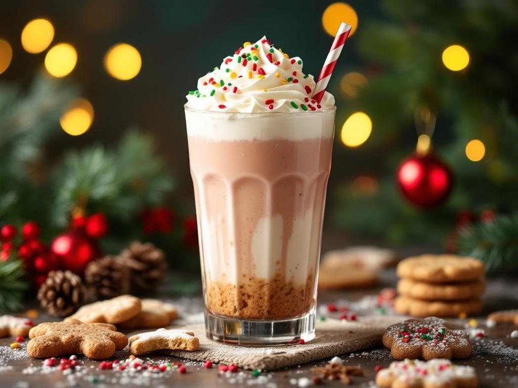 A festive sugar cookie mocktail topped with whipped cream and colorful sprinkles.
