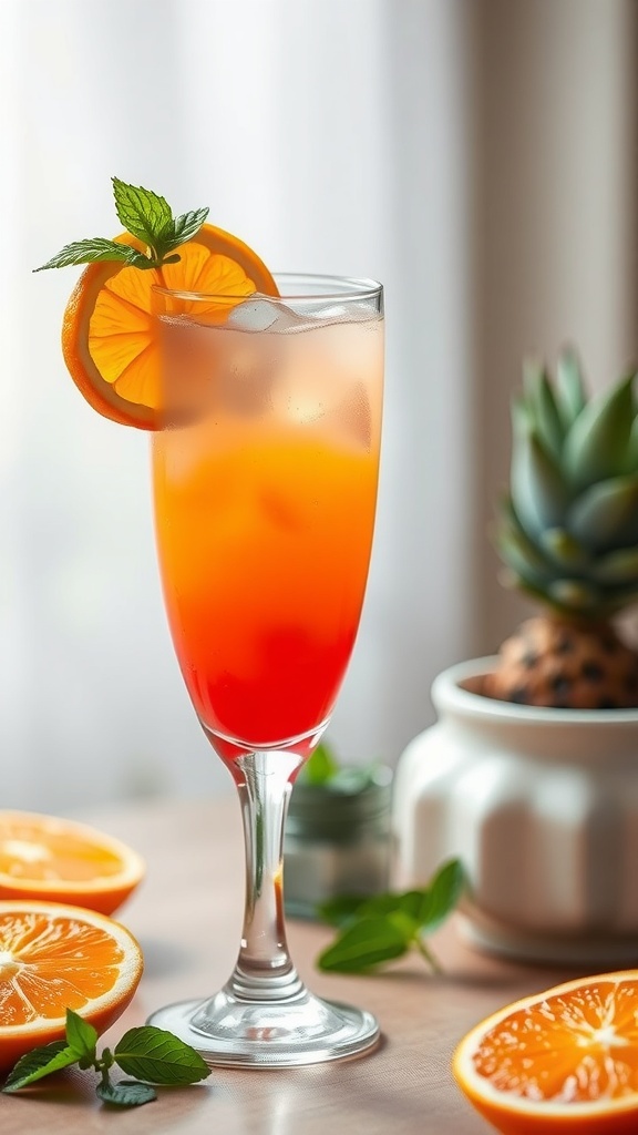 A vibrant Sunrise Citrus Glow Mocktail garnished with an orange slice and mint leaves.