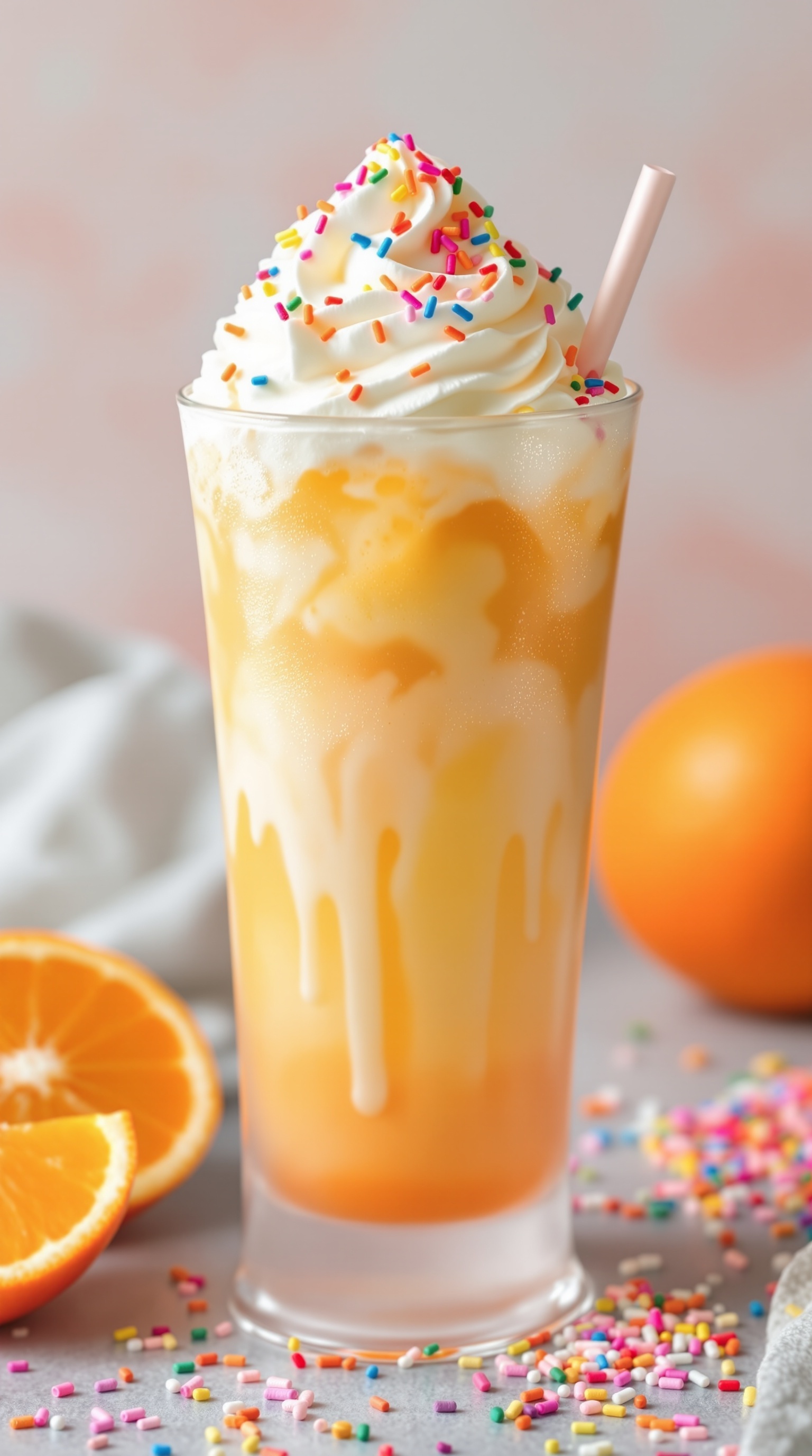 A vibrant Sunset Orange Cream Mocktail topped with whipped cream and colorful sprinkles.