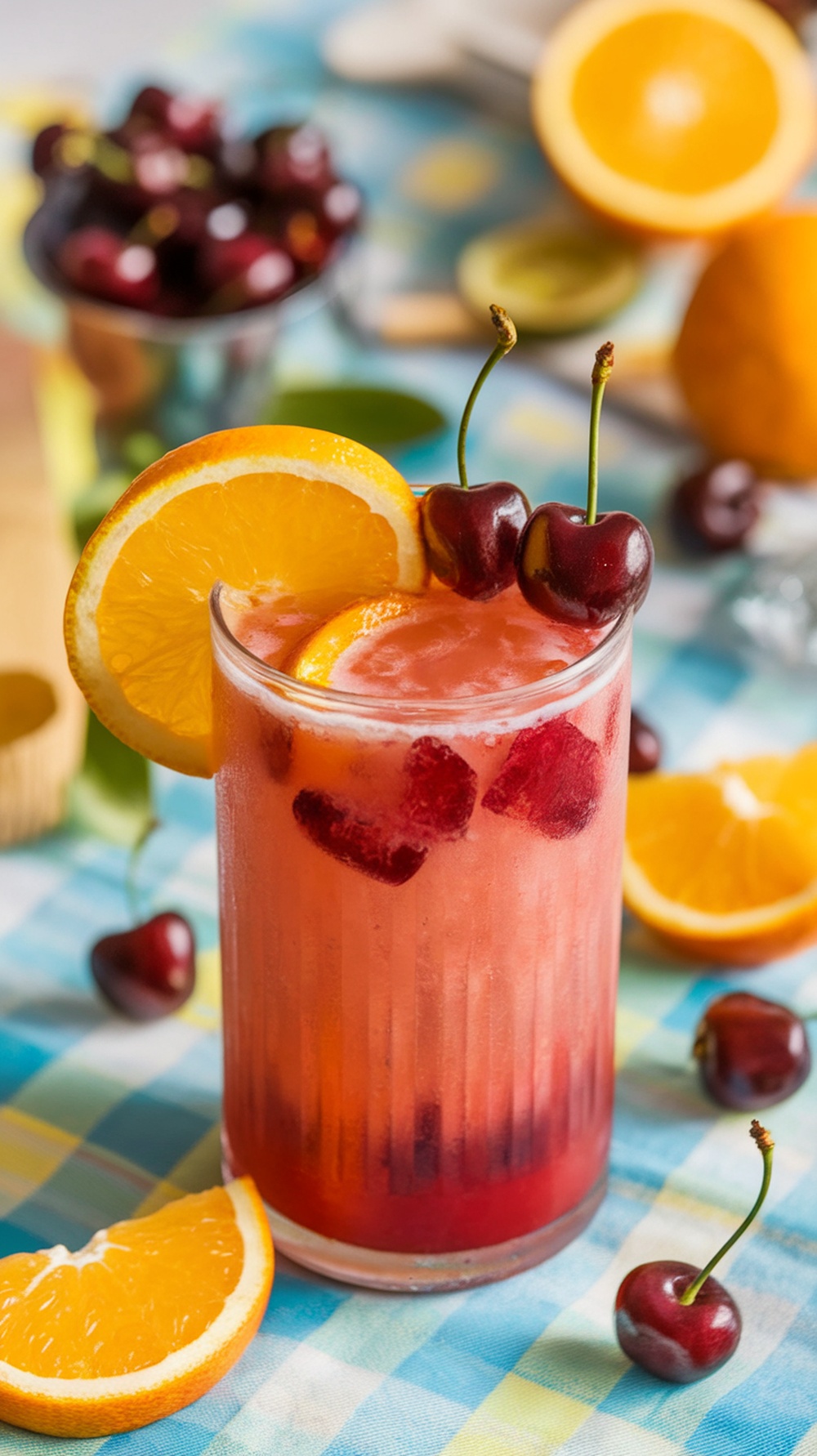 A vibrant tart cherry citrus splash mocktail garnished with cherries and orange slices.