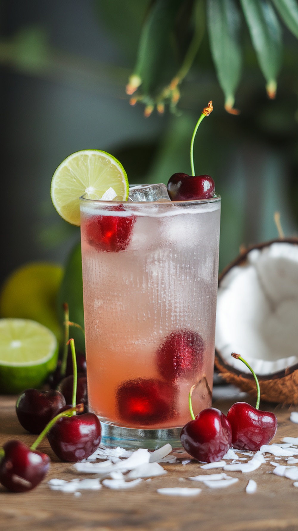 A refreshing Tart Cherry Coconut Breeze Mocktail with cherries and lime.
