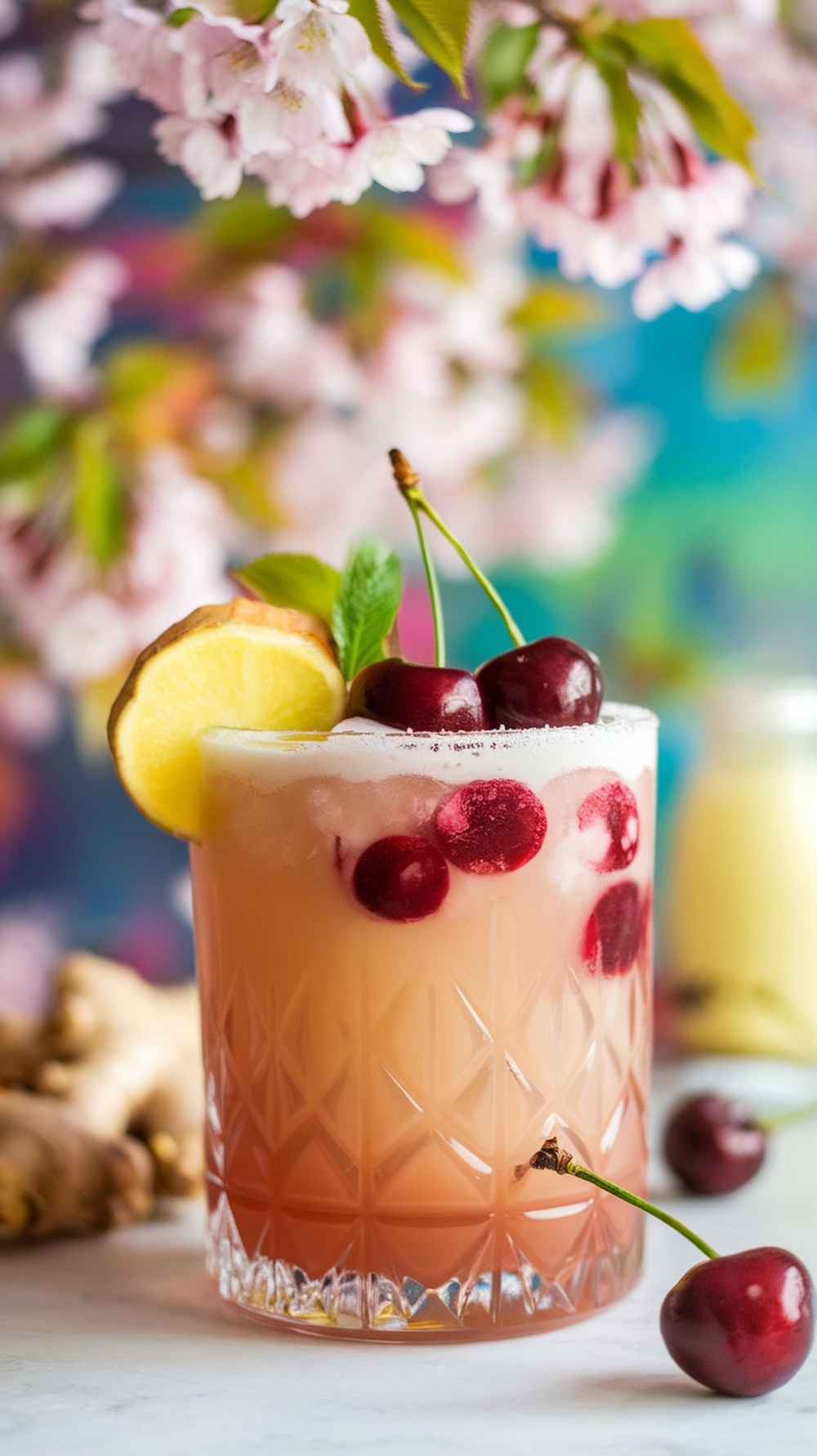 A refreshing Tart Cherry Ginger Glow Mocktail garnished with cherries and lemon.