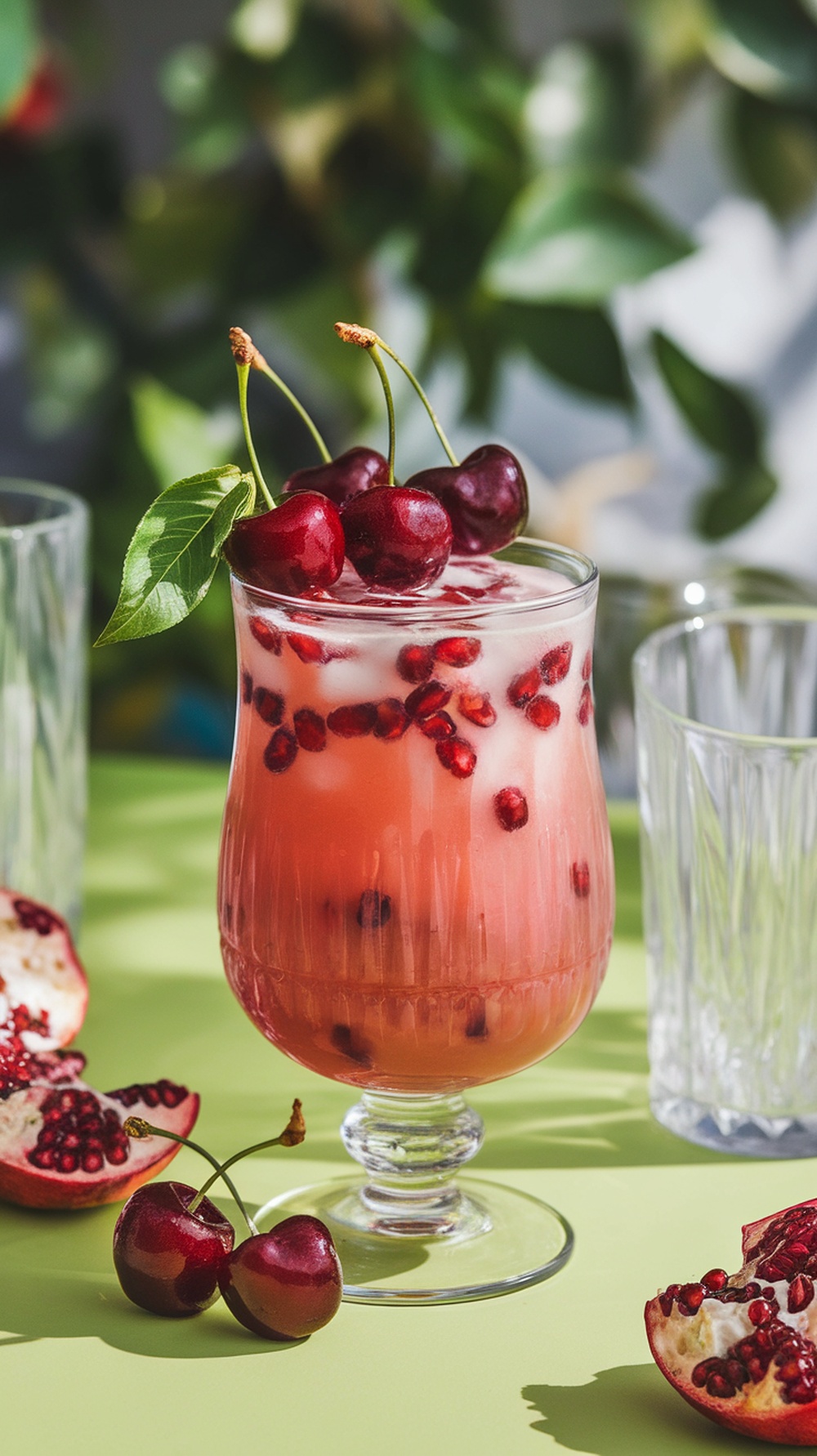 A refreshing tart cherry pomegranate mocktail garnished with cherries and pomegranate seeds.