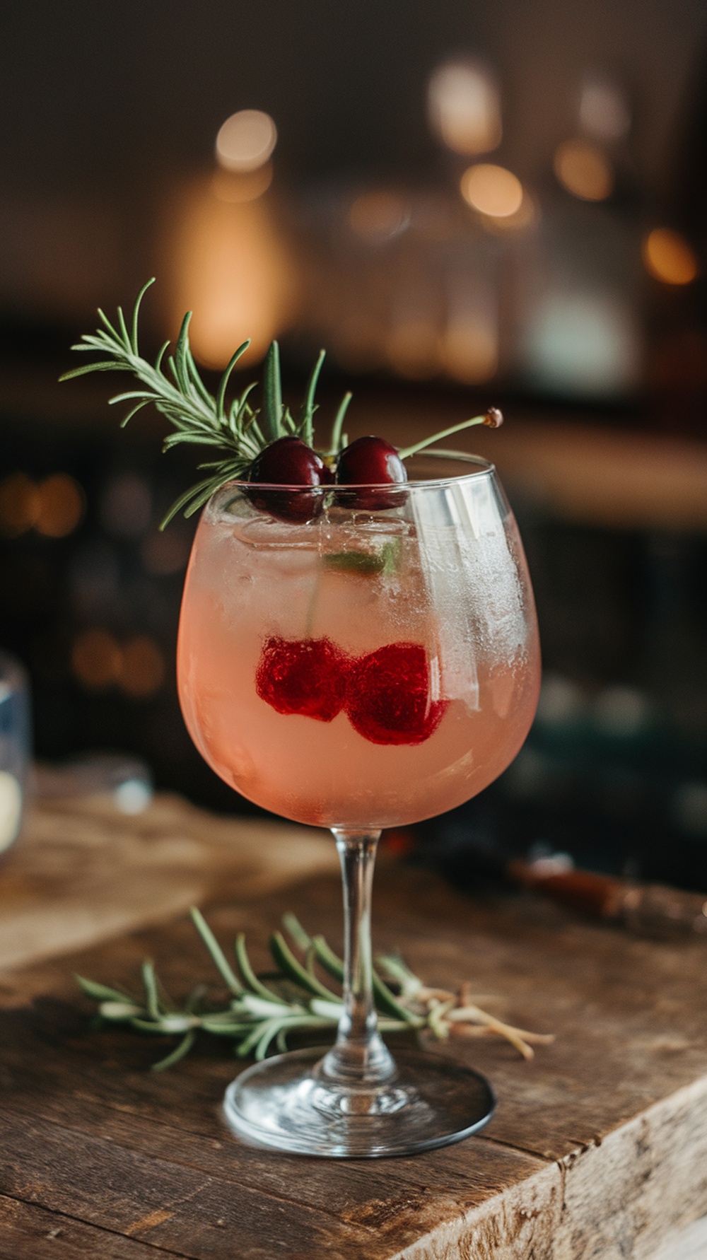 A refreshing Tart Cherry Rosemary Spark Mocktail garnished with cherries and rosemary.