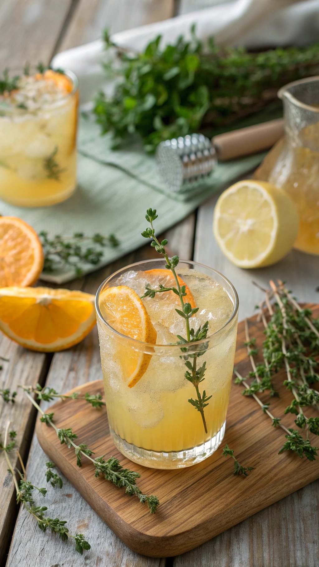 A refreshing Thyme & Honey Citrus Mocktail with ice, garnished with thyme and orange slices.