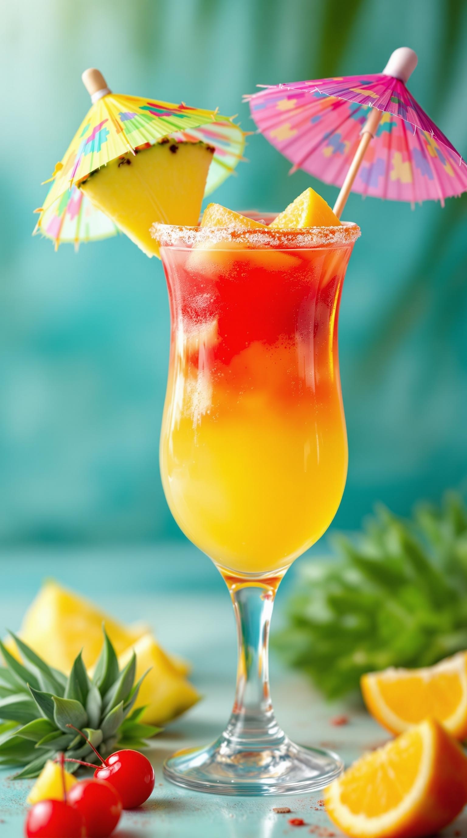 A colorful Tiki Fruit Punch Glow Mocktail with umbrellas and fruit garnishes.