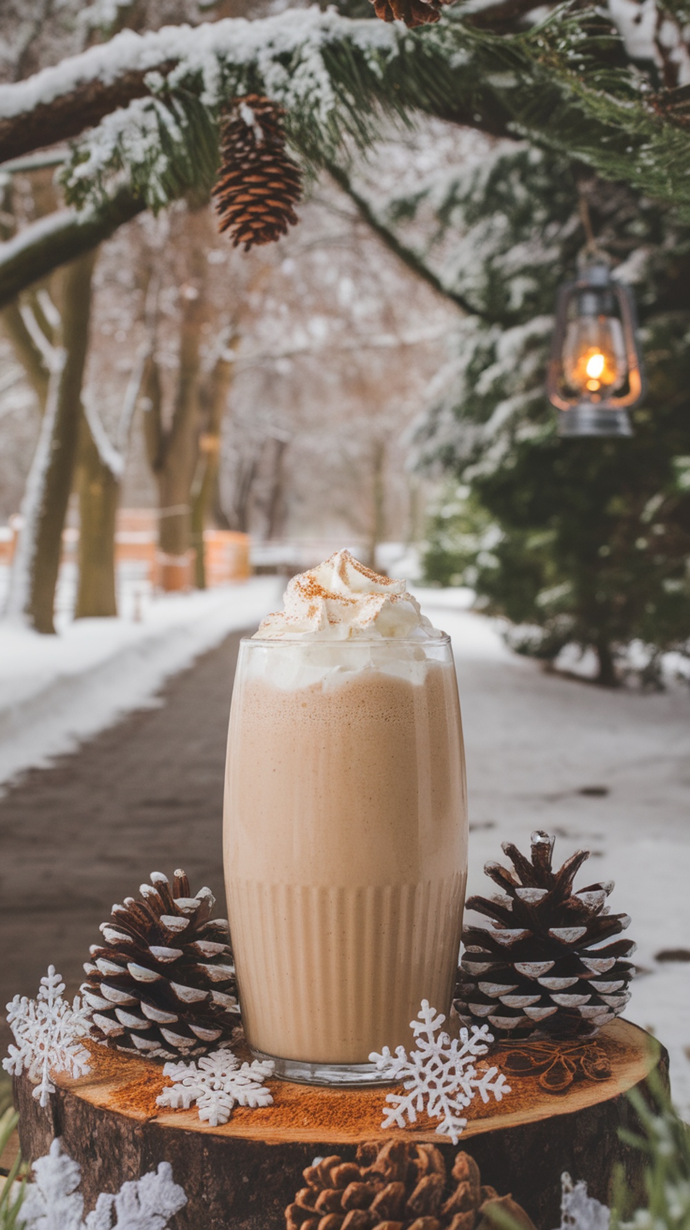 A delicious Toasted Coconut Gingerbread Smoothie topped with whipped cream, set against a snowy backdrop.