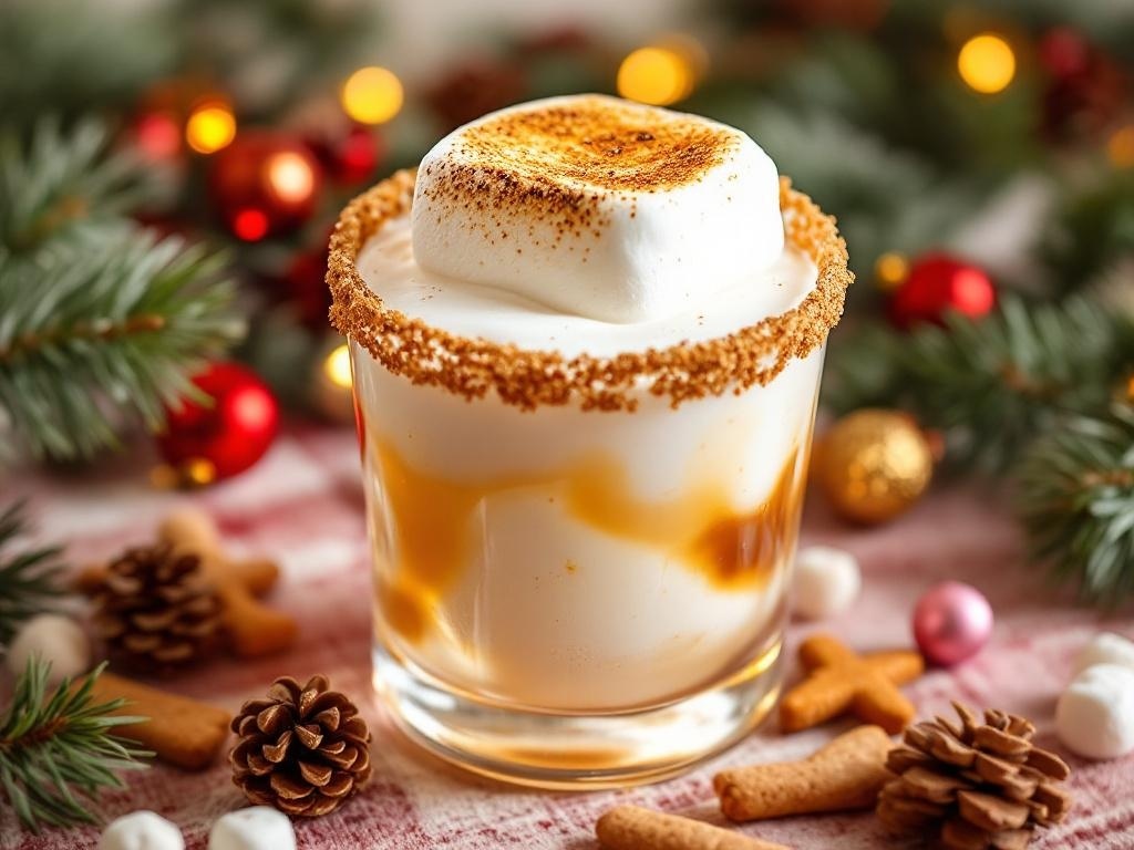 A delicious Toasted Marshmallow Mocktail garnished with a toasted marshmallow and surrounded by festive decorations.
