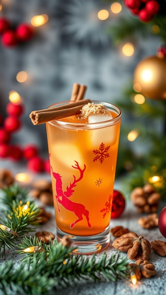 A festive Toasted Walnut Mocktail with cinnamon sticks and holiday decorations.