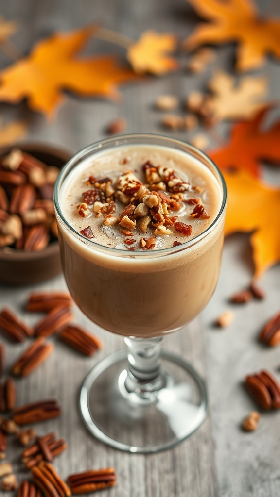 A glass of Toasty Pecan Pie Mocktail topped with pecans, surrounded by autumn leaves and pecan pieces.