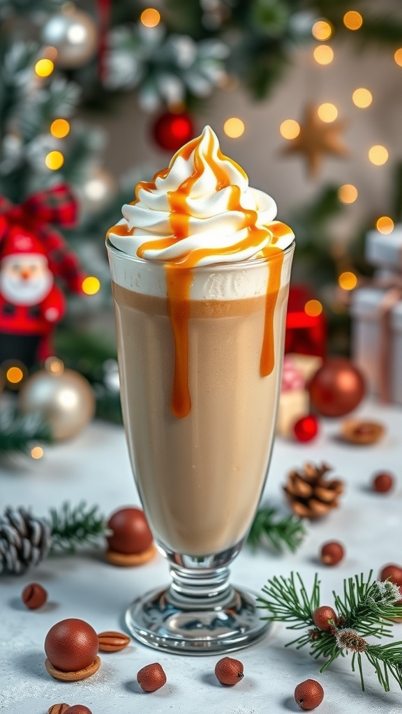 A festive Toffee Nut Caramel Smoothie topped with whipped cream and caramel drizzle, surrounded by holiday decorations.
