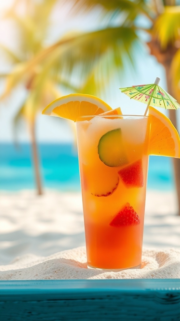 A colorful tropical mocktail with fruits and a small umbrella, set against a beach background.