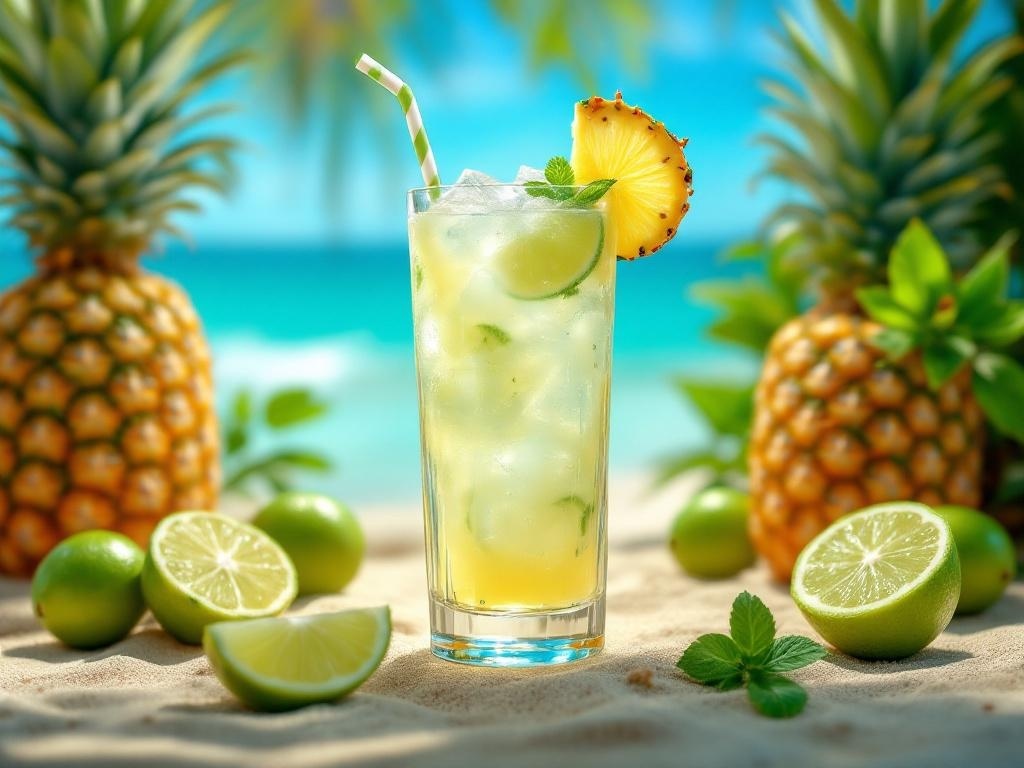 A refreshing Tropical Pineapple Lime Mocktail with lime and pineapple garnishes.