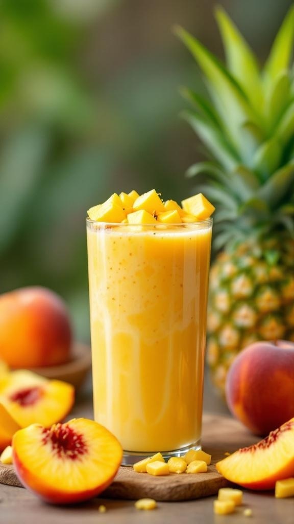 A refreshing Tropical Pineapple Peach Smoothie in a glass, surrounded by fresh peaches and pineapple.
