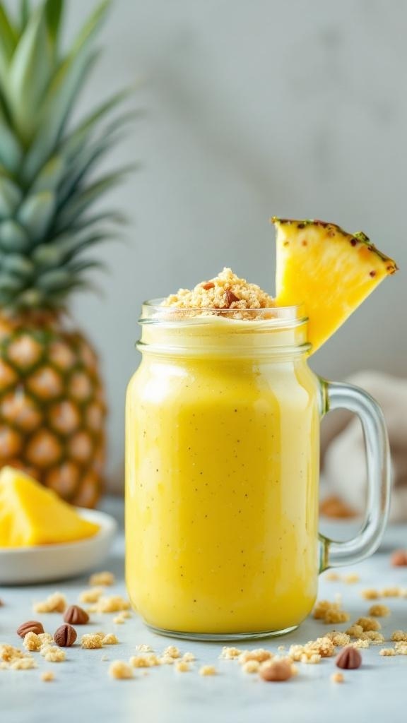 A tropical quinoa breakfast smoothie in a glass with pineapple garnish.