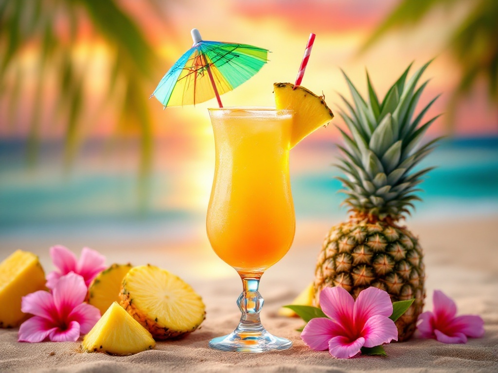 A vibrant Tropical Sunset Pineapple Mocktail with a small umbrella and pineapple slice, surrounded by fresh pineapple and flowers.