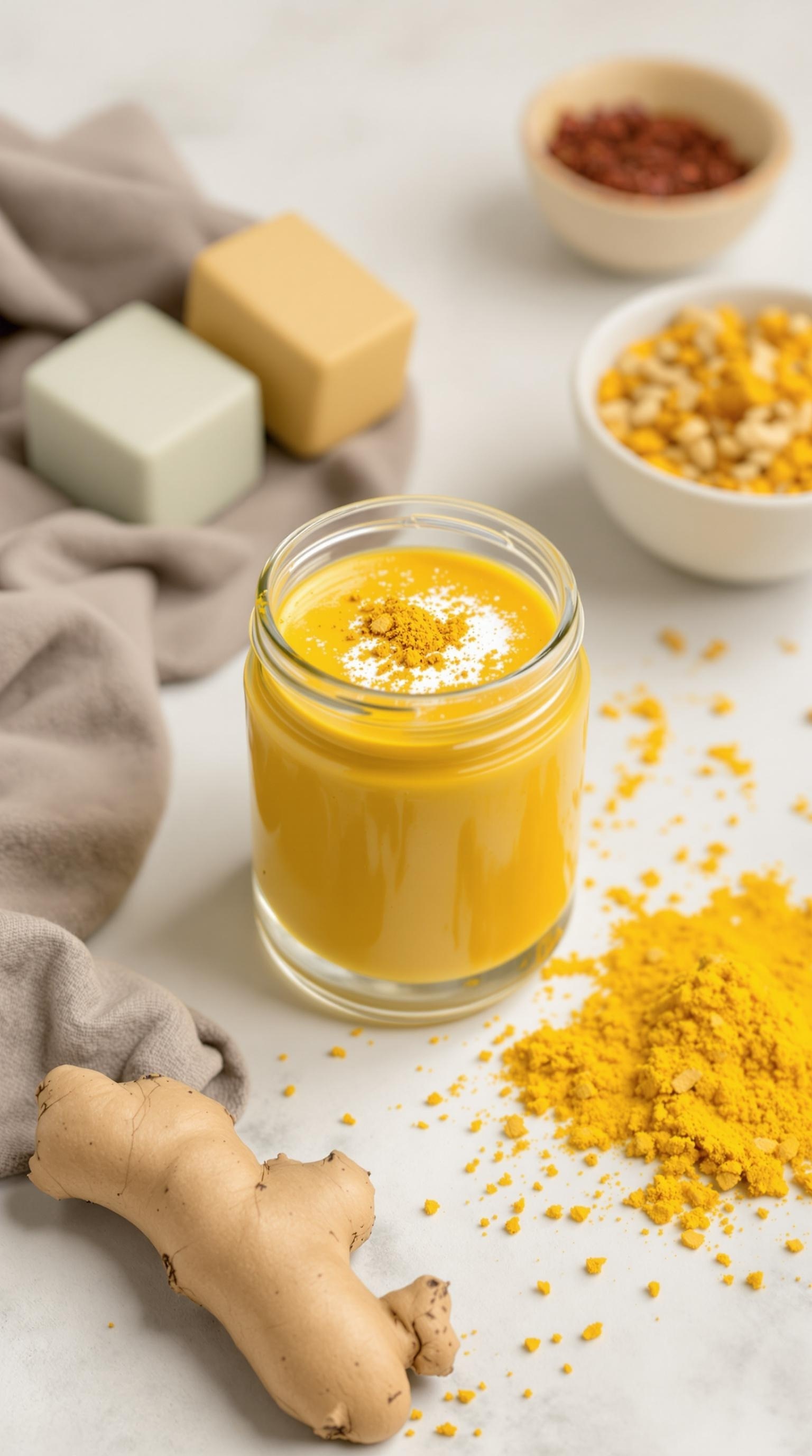 A vibrant turmeric ginger smoothie in a jar, surrounded by ginger root and turmeric powder.