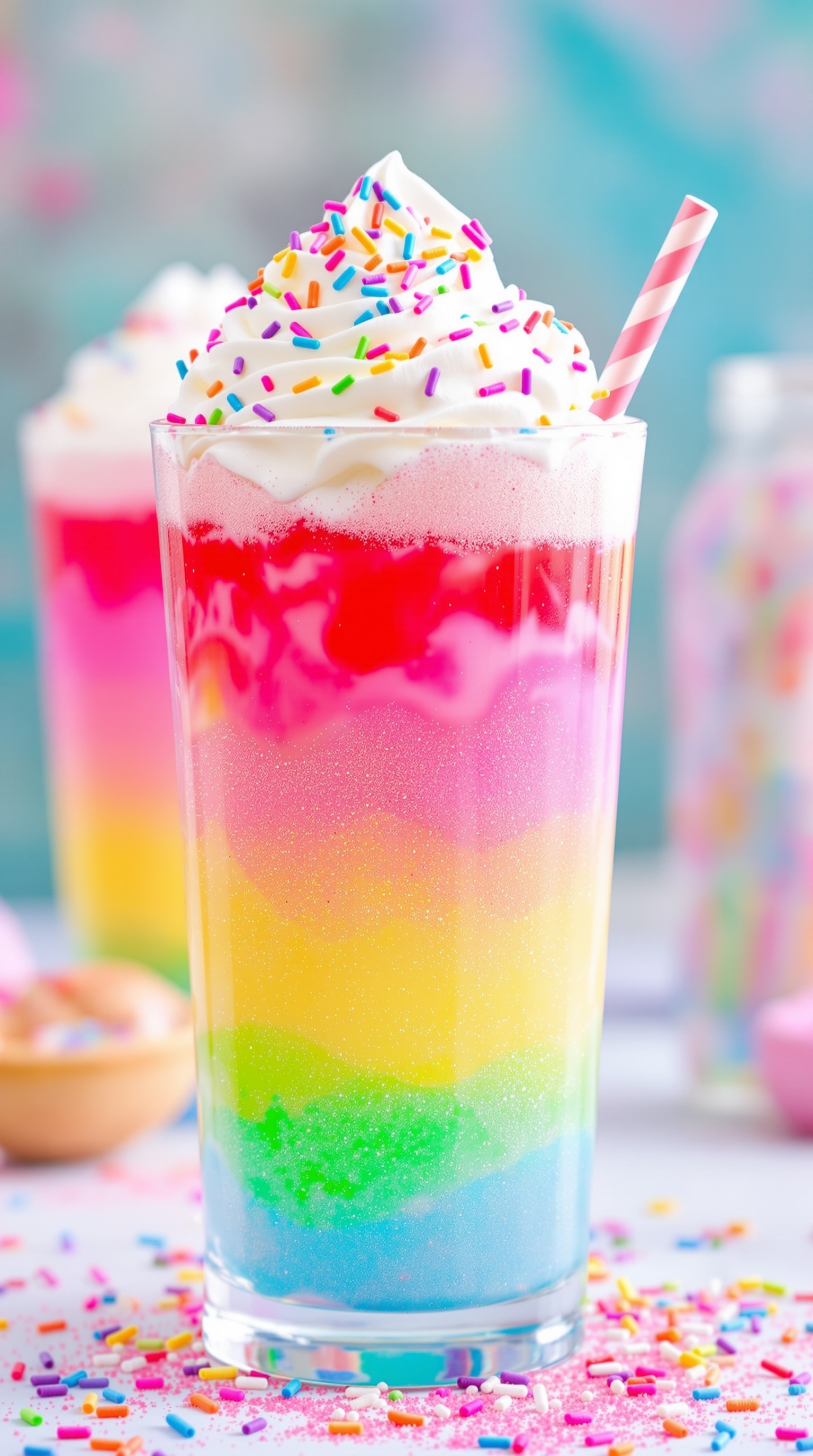 A colorful layered mocktail topped with whipped cream and sprinkles.